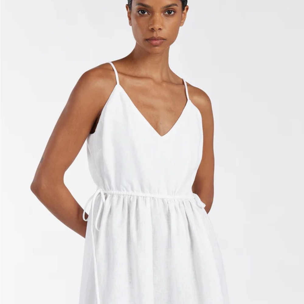 DISSH: Linen White Spaghetti Strap Dress